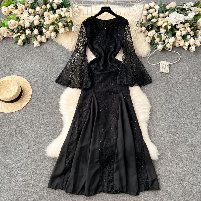 

Accessible Luxury Lace Dress Niche Style Bell Sleeve Sequin Black XXL