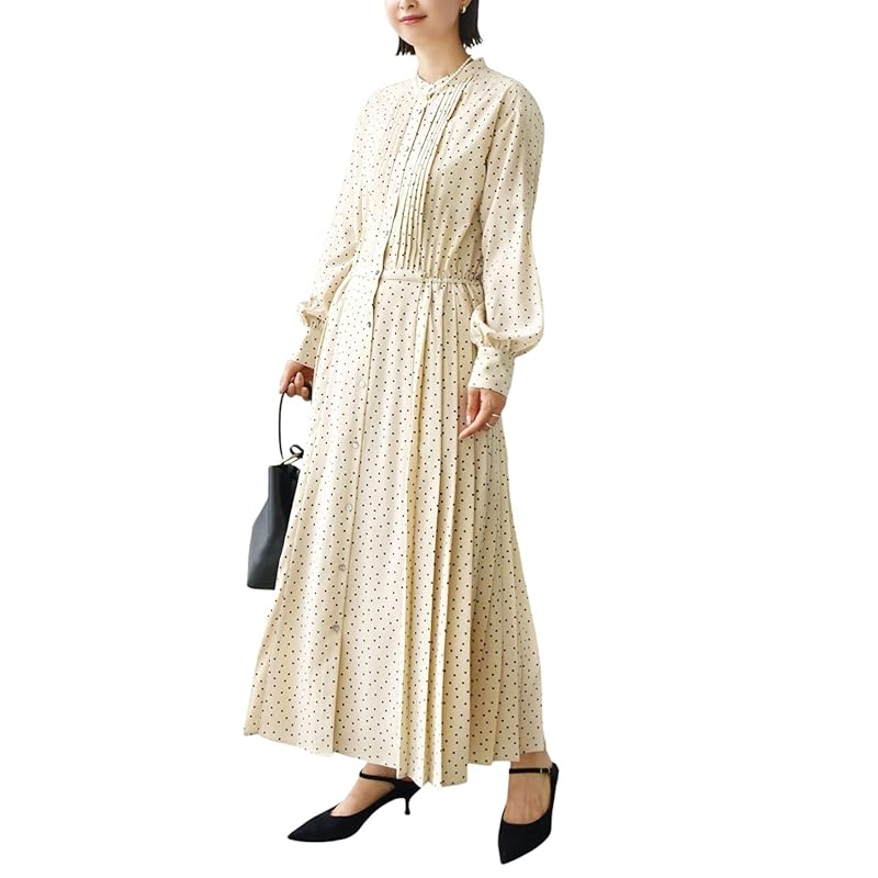 

[Ships Ladies] SHIPS for women one piece WEB limited Hand washable dot/floral pattern band color side pleats ladies 314514409 stone M