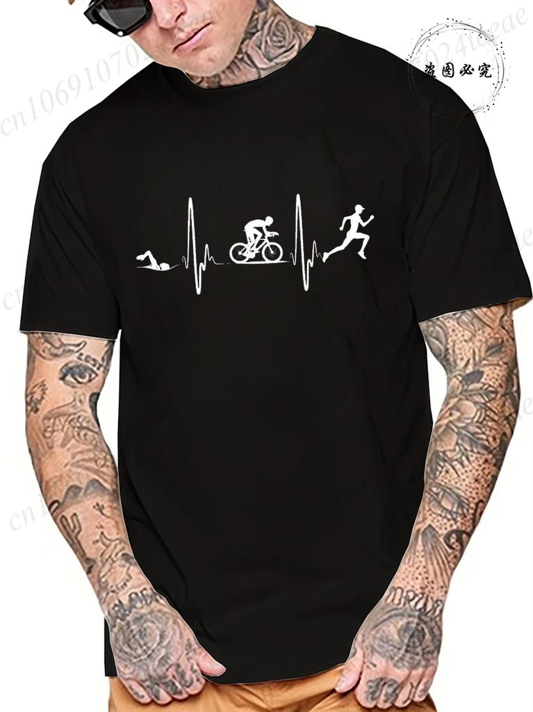 Unisex Fashion Casual Tee Tops Cool Funny Triathlon Heartbeat Design Print Tshirt Summer Unisex T Shirt Oneck Male Tees Tshirt Tops