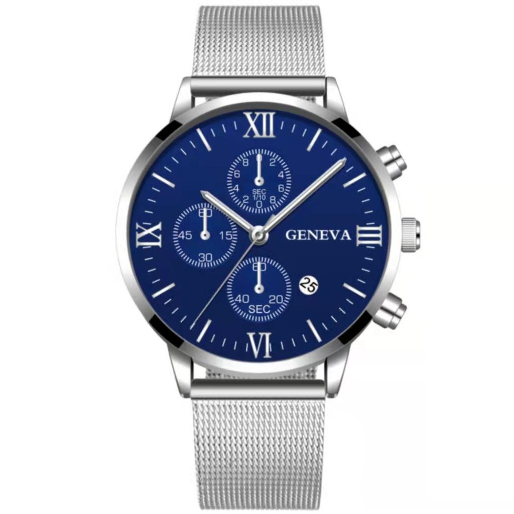 Mesh Belt Men With Calendar, Fake Three-Eye Business Leisure Boys Gift Quartz Watch