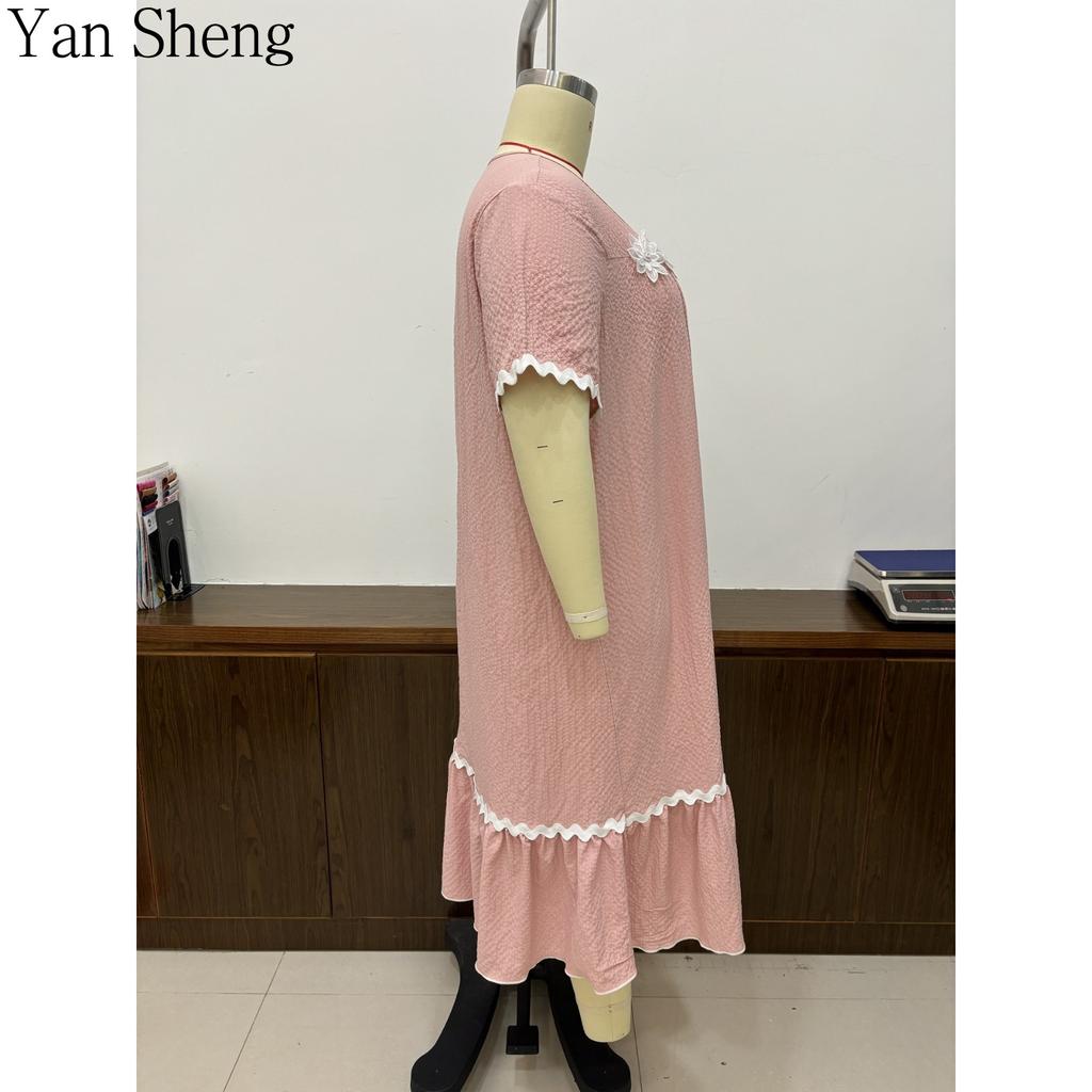 Women Nightgown Seersucker Floral Square Collar Short Sleeve Long Robe Loose Summer Loungewear Sleepwear
