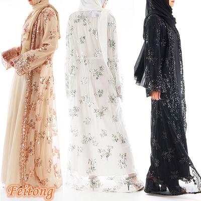 X-Future Women Middle East Stripe Muslim Sequins Open Front Cardigan Robe Dress