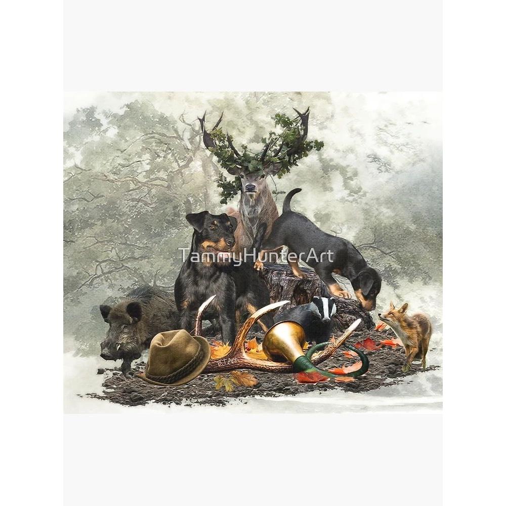 Tapestry art depicting a hunting dog of the Jagdterrier breed. 75x100