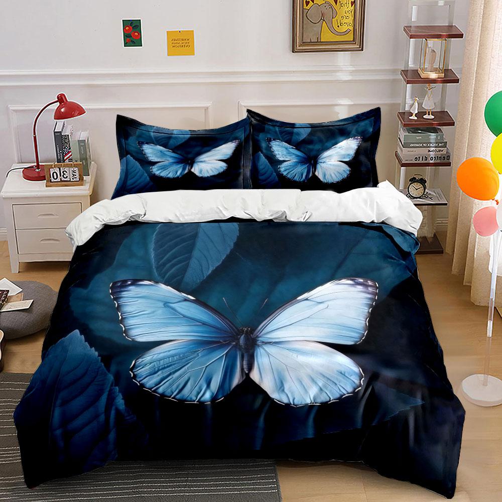 Blue Butterfly Decorative Set Bedding Set With 1 Duvet Cover 2 Pillowcases Single Double King Queen, Gift
