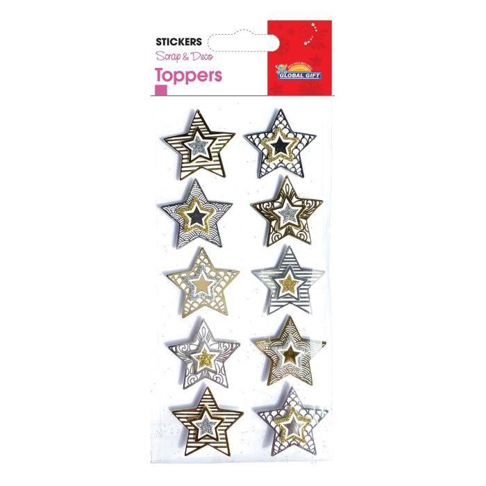 Stickers Noël en relief - Etoiles graphiques à paillettes - Chambre - 7 x 15 cm - Adulte - Mixte