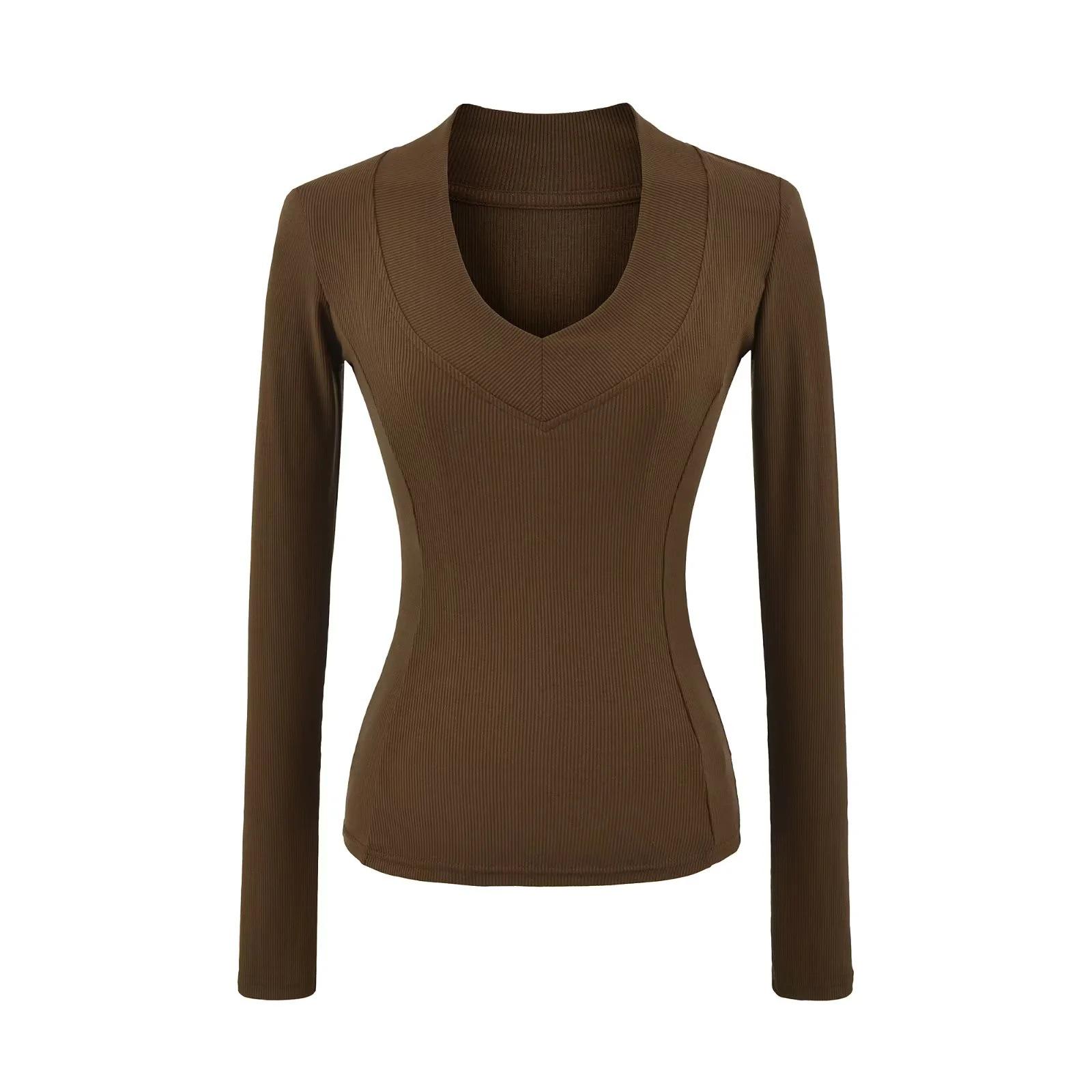 

American Spicy Girl Deep V-Neck Long Sleeve Crop Top: Women s Slimming Waist, Regular Shoulder T-shirt for Autumn/Winter Small кофейный