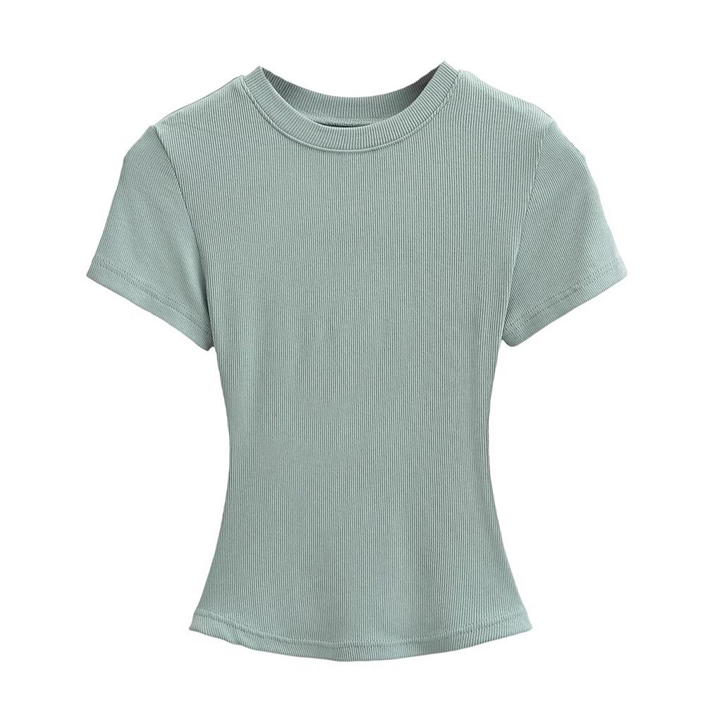 Trendy Women's Ribbed Slim Fit Short Sleeve T-Shirt with Sexy Round Neck and Straight Shoulders.