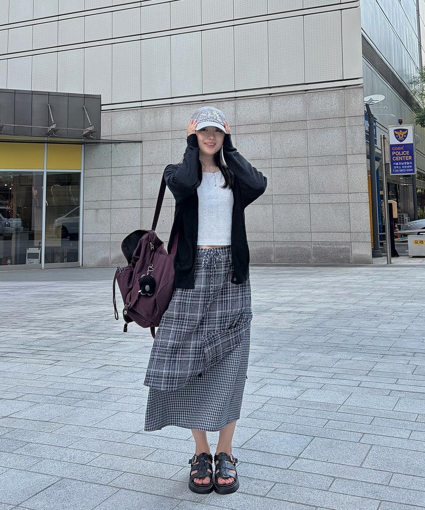 Plasma Sphere Duplex Stud Cross Eyelet Check Layered Long Wrap Skirt_2 Colors