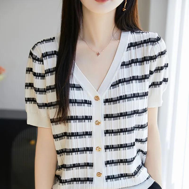 Summer New All Match Striped Knitted Short Sleeve Women's Half Sleeve Knitted Shirt Fashion V-neck Striped Popularity Top