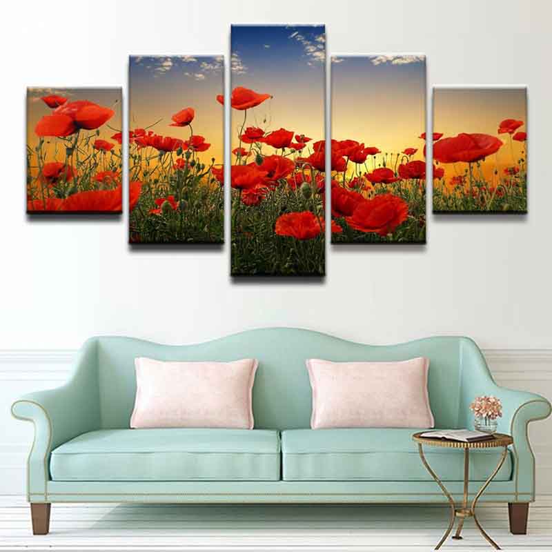 5 шт. пейзаж мать-природа красный цветок мака холст живопись настенные художественные — фото 5