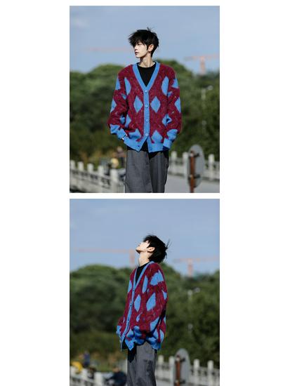 Men's Autumn/Winter Retro College Diamond Check Cardigan - Soft, Sticky, Trendy, Casual Knitted Style for Couples