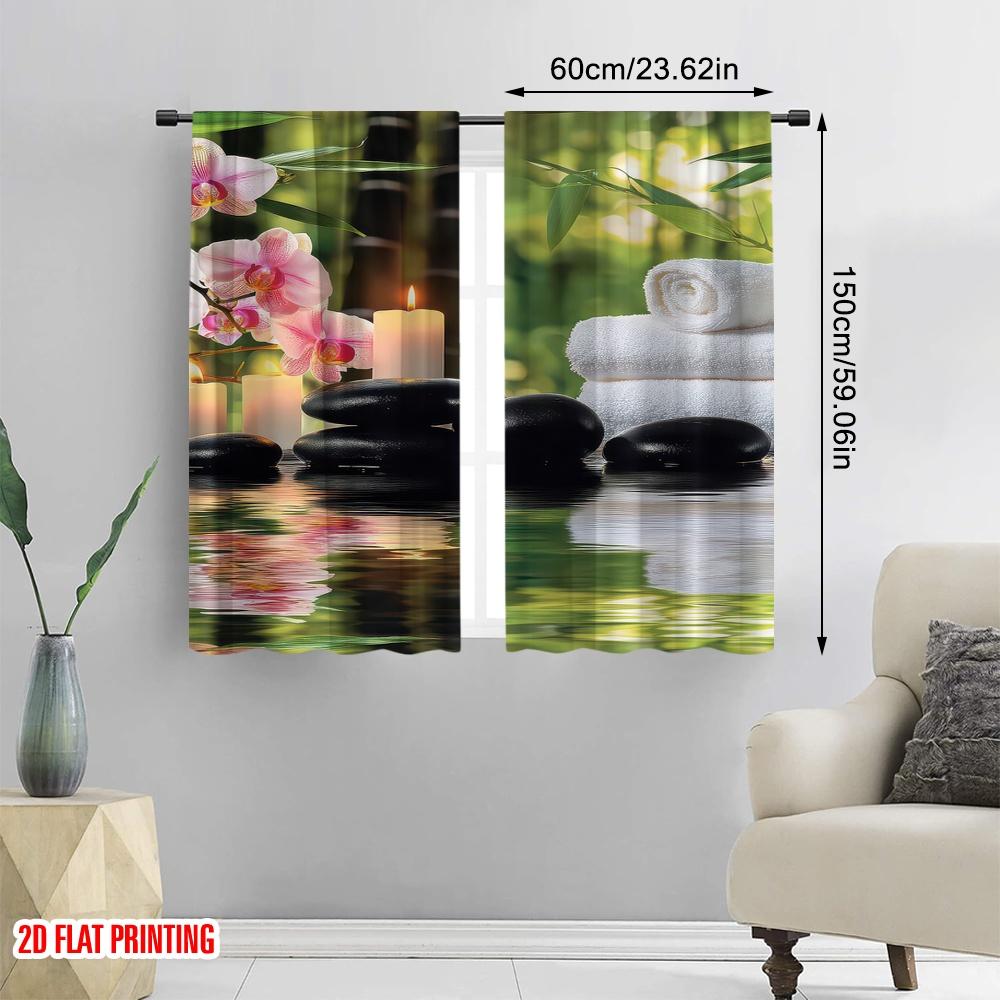 2Pcs Spa Curtains Massage Theme Candles Orchids And Stones In Garden Japanese Oriental Suitable For Living Room Bedroom Kitchen