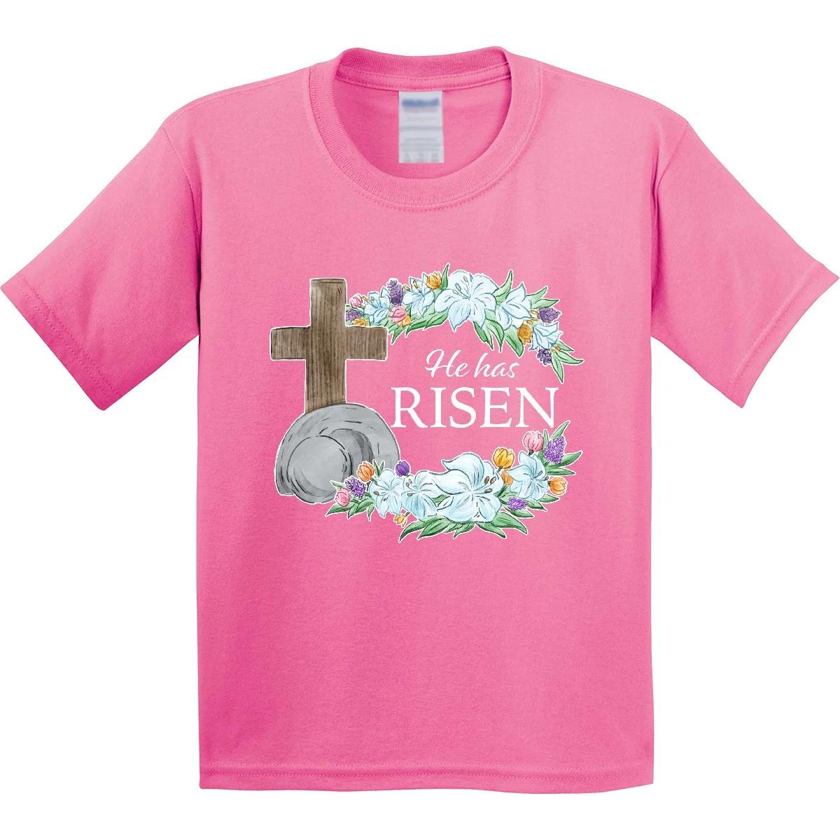 

Inktastic Easter He Has Risen With Cross And Flowers Youth T-Shirt Lillie White 100
