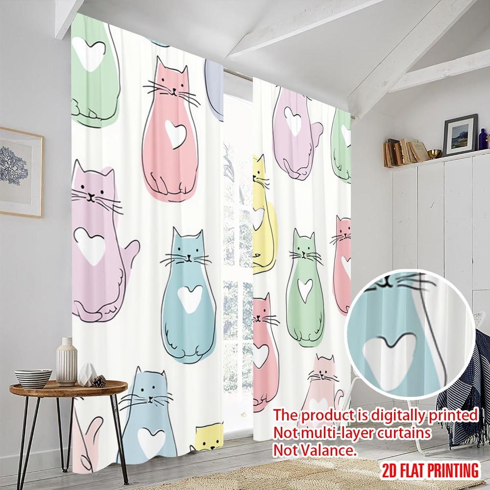 2pcs  2D plane printing Window Curtain Pastel Cats Design Polyester (without rod) Festive Ldeal for Bedroom   Living Room