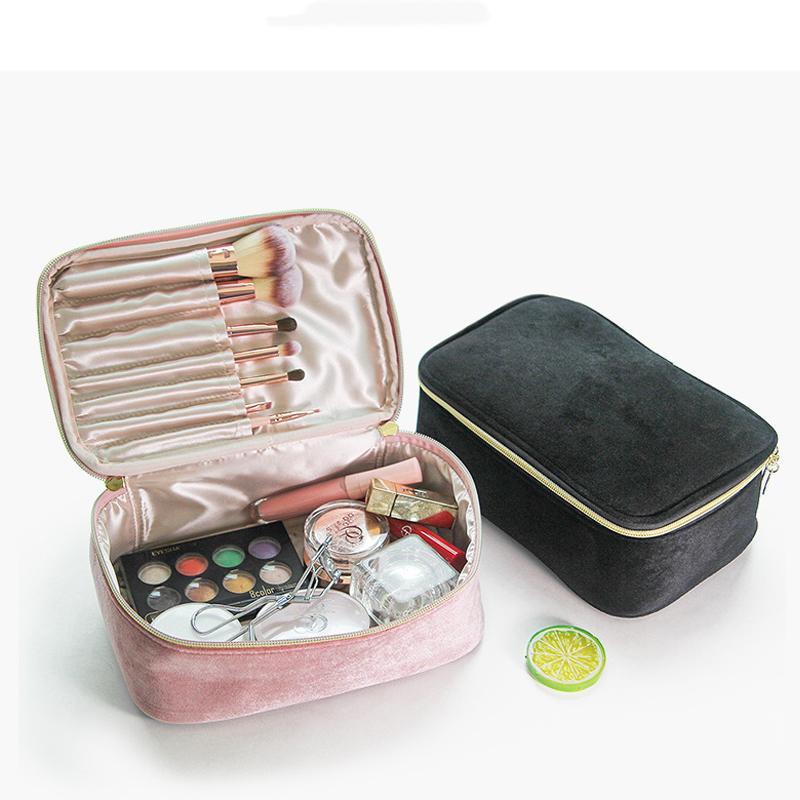 Velvet Cosmetics Bag Top Handle Travel Large Capacity Brushes Suede Makeup Vanity Case Custom Initials Name Gift