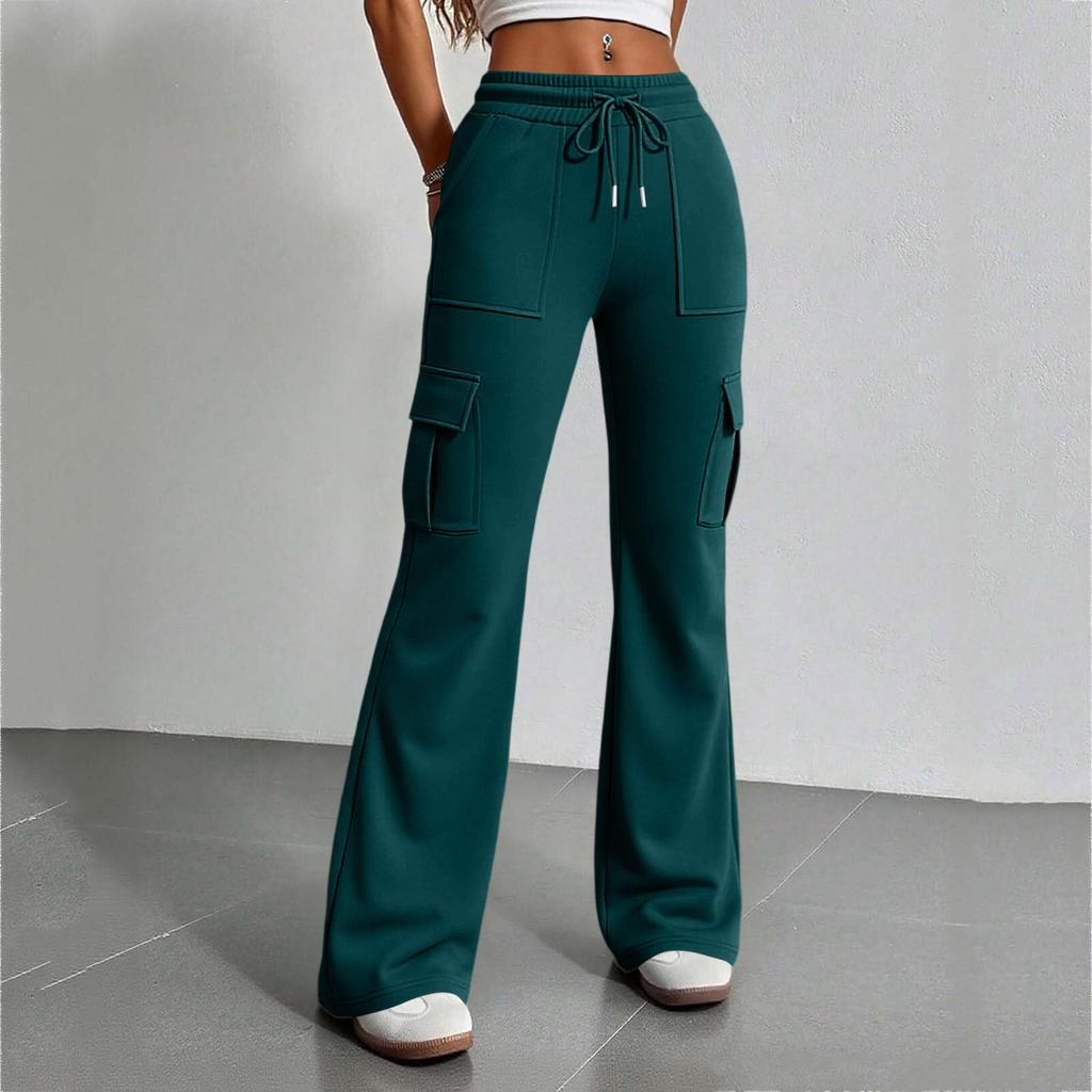 Women's High Waist Drawstring Casual Flared Pants with Pockets Loose Fit Wide Leg Trousers Elastic Waistband