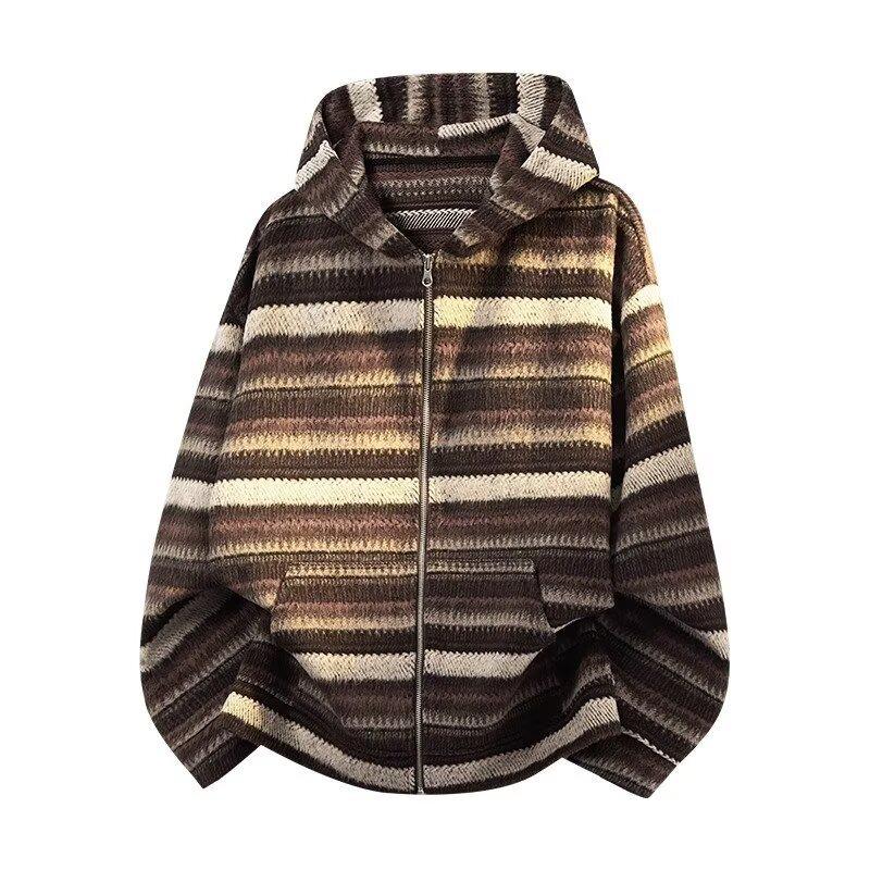 2026 Trendy National Tide Brand Striped Knit Sweater Hoodie for Couples