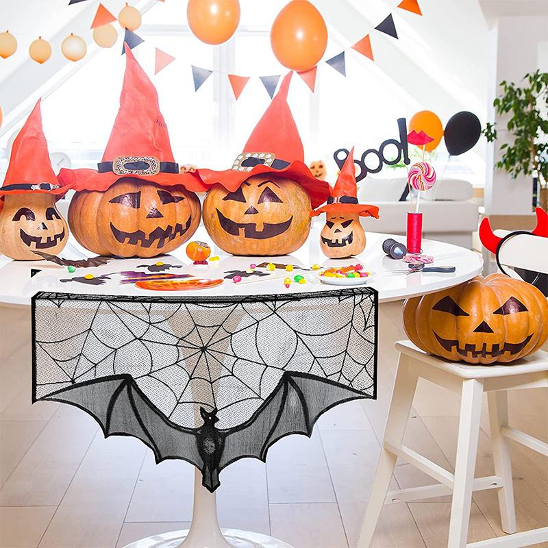 Spooky Halloween Table Runner Black Lace Spider Web Design Tablecloth Fireplace Scarf Haunted House Decor Party Decoration