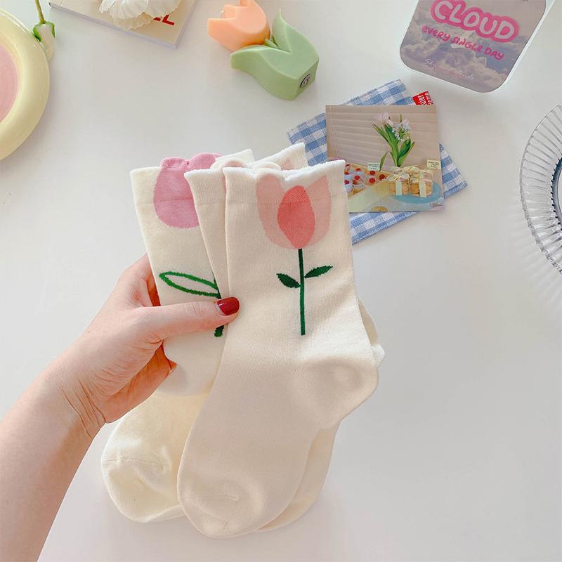 6 Pairs Women Socks Flower Japanese Korean Style Mid Tube Socks Floral Candy Vintage Novelty Casual Breathable Kawaii Cute Socks