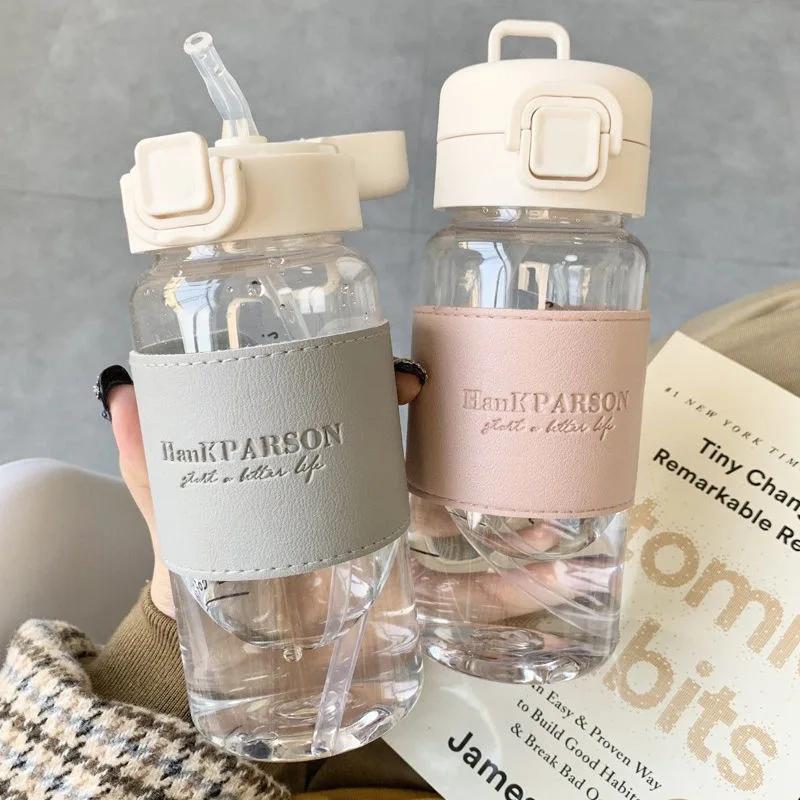 Portable Water Bottle with Straw Leak-proof Plastic Waterbottle Drinking Juice Milk Coffee Cup for School Kids Drinkware Gifts