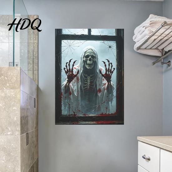 Creepy Window Posters Skeleton Frame Wall Sticker for Halloween Horror Decoration, Reusable Art Decor 3D Scary Stickers with Spider Web Design,