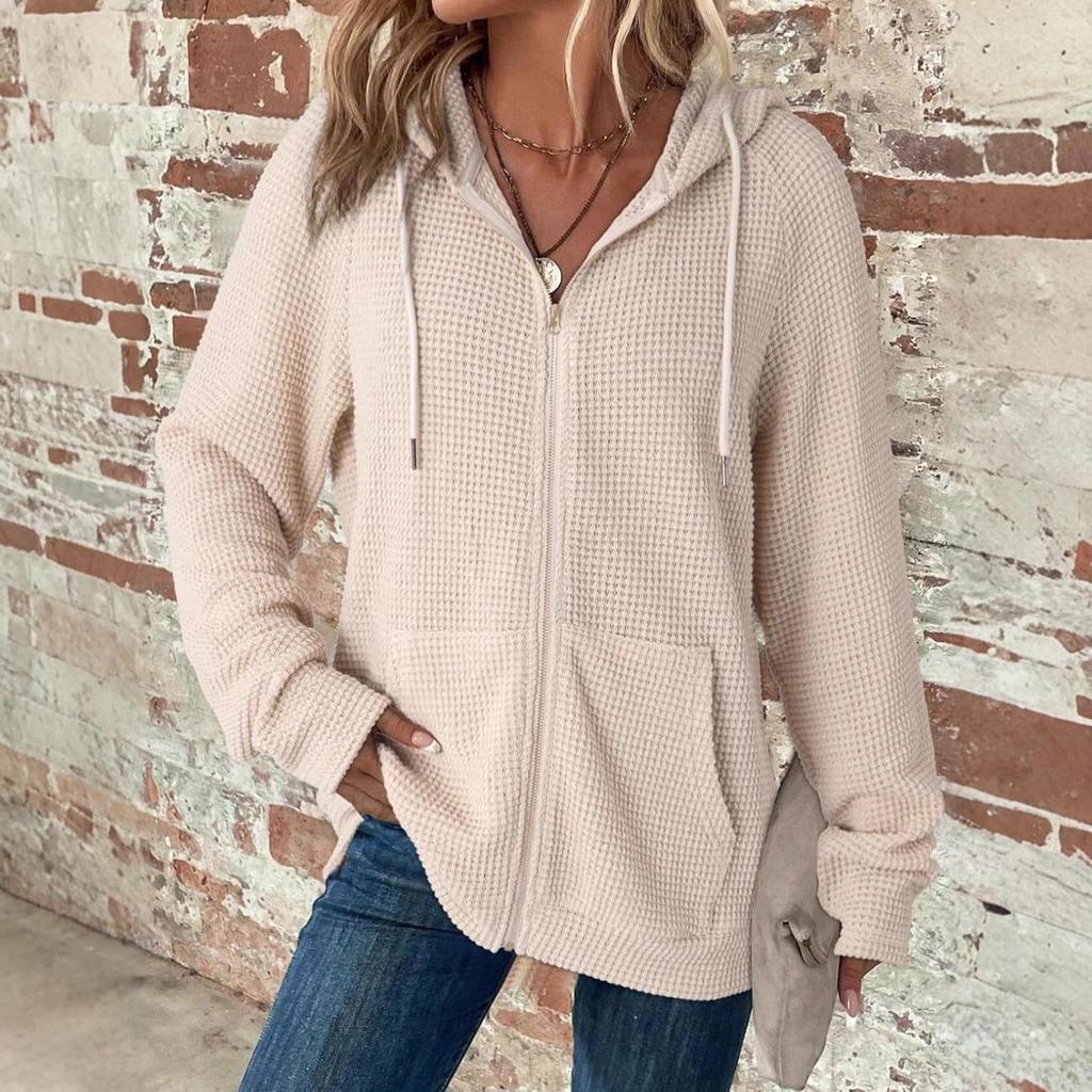 2025 Women's Waffle Knit Hooded Sweatshirt - Autumn/Winter Casual Long Sleeve with Drawstring