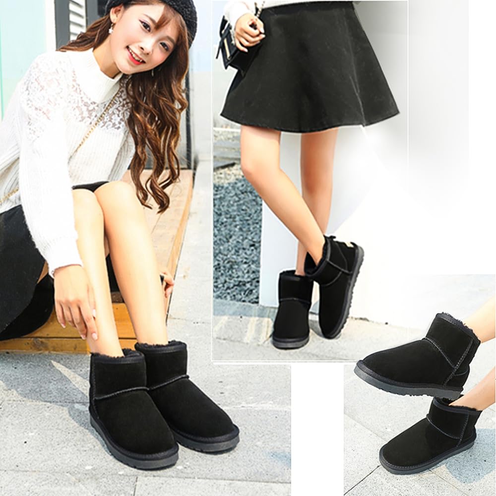 Sheepskin Genuine Cowhide and Sheep Short Boots with Warm Fur Fluffy Waterproof and A11 [N Gaji] Women's Boots, Fur, Lining, Non-Slip Sole, (Black,