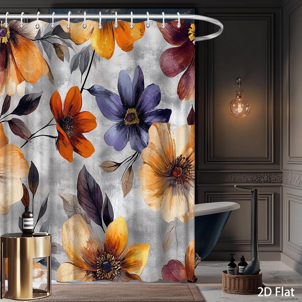 Modern Botanical Shower Curtain – Orange Yellow Purple Floral Design, Boho Farmhouse Decor, Machine Washable, 59X70.8In