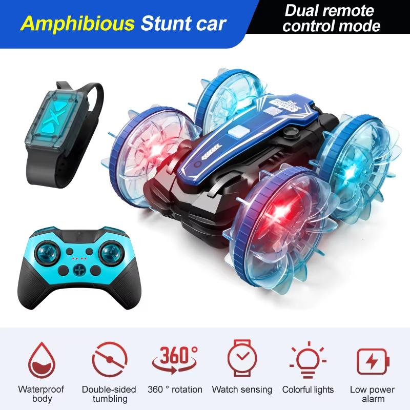 New LED Amphibious RC Car Dual Remote Control Waterproof Stunt Car Double Side Flip Drift Drive 360 ° Rotation Rc Cars Kids Toy Gift