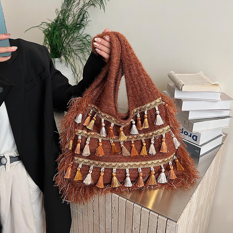 Knit Tassels Hobo Bags Bohemian Underarm Bag Ethnic Style Tote Bags for Women Work Shopping Travel Daily