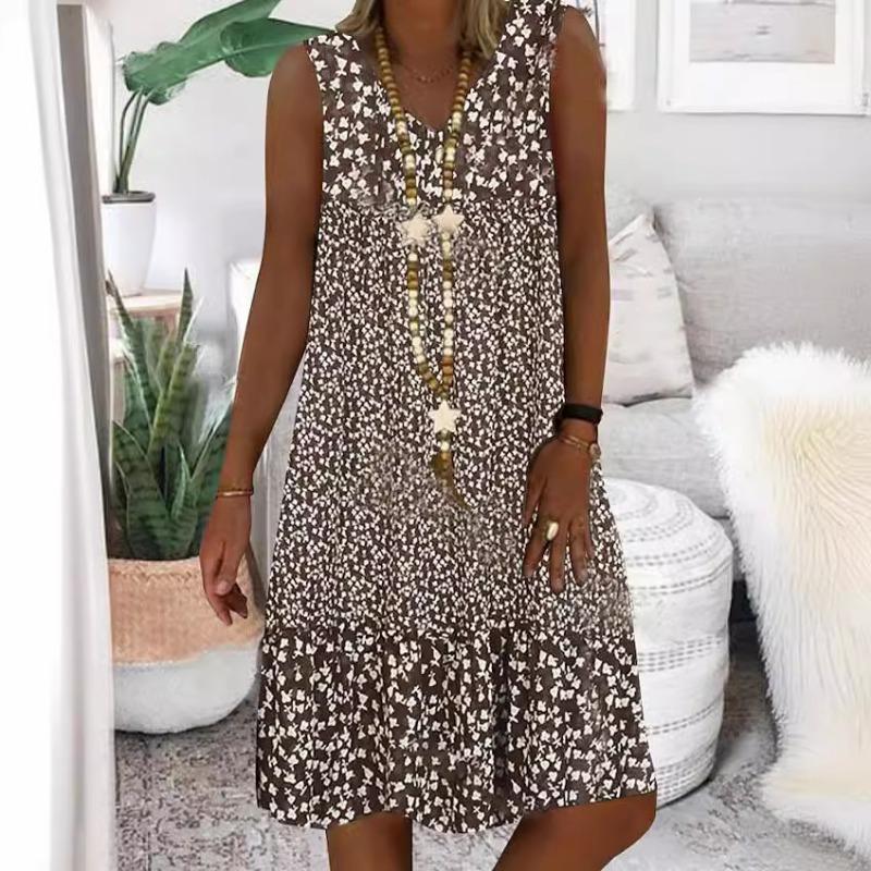 Summer Women's V-neck Sleeveless Dress with Small Floral Prints