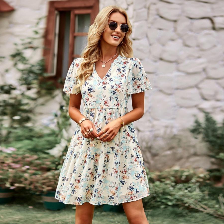 Self-Developed European Style Chic Country Fashion Dress Spring/Autumn V-Neck Printed Dress S абрикосовый