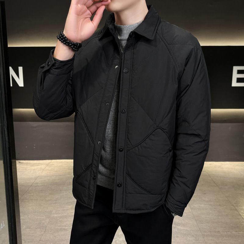 Men's Lightweight Korean Style Plaid Down Jacket with Turn-Down Collar