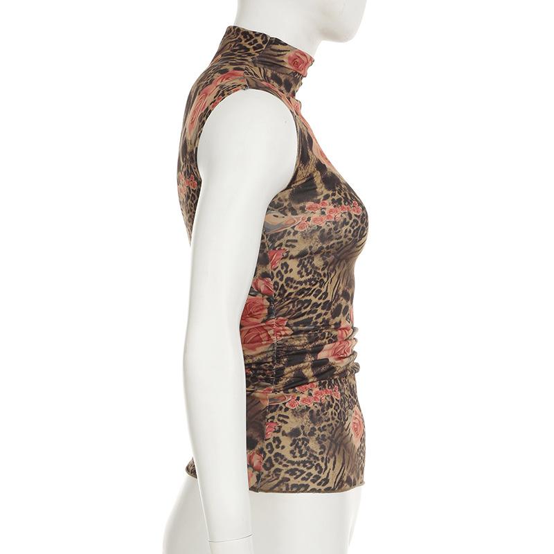 Women's Vintage Floral Print High Neck Sleeveless Spice Girls Street Clashing Colour Niche Pleated Waist Slimming Tank Top