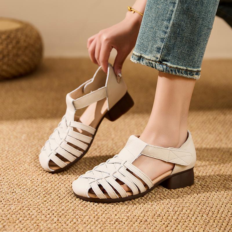 Neue Damen Sandalen Keilabsatz Geflochten Retro Römische Sandalen Damen Echtes Leder Durchbrochen Bequeme Schuhe Damen