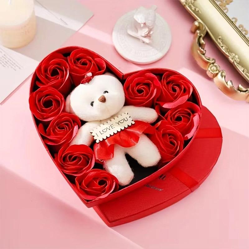 10 Artificial Flowers Valentines Day Gift for Her Rose Gift Box with Cute Bear Romantic Mothers Day Wedding Valentine's Day