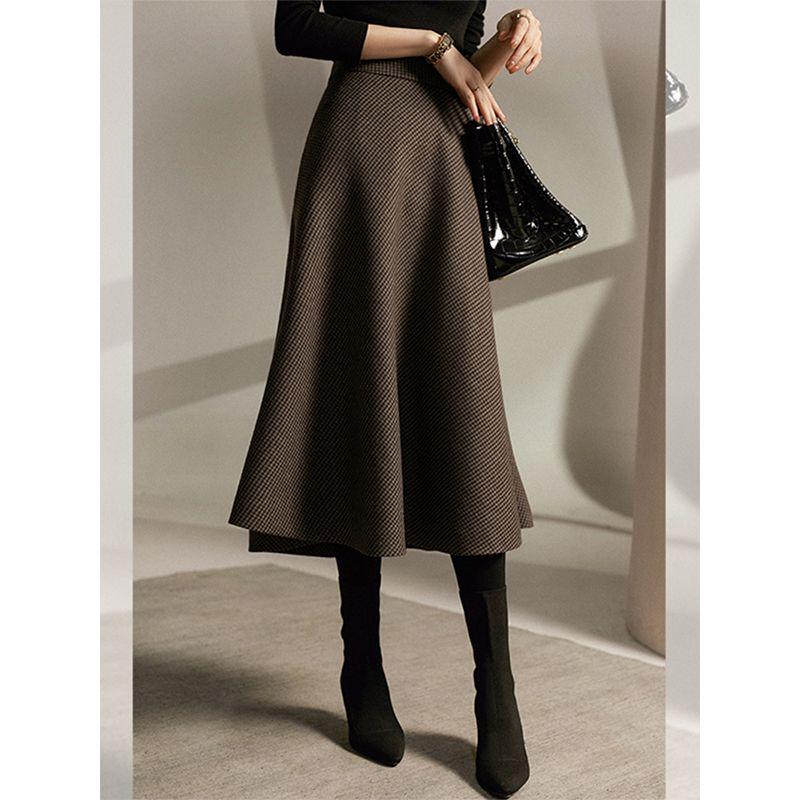 

French Style Plaid Woolen Fancy Mid Length Long Length Skirt Curry M