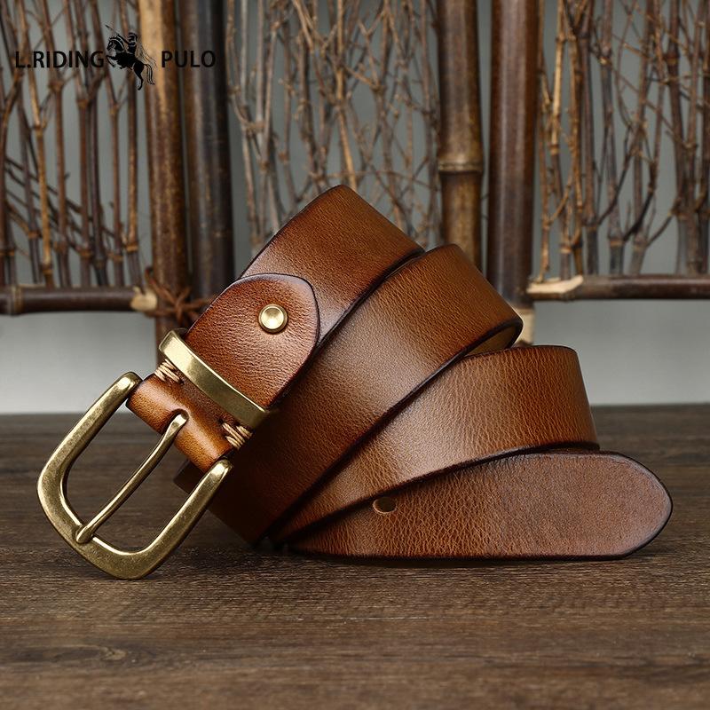 Ceinture en Cuir Véritable Cuir de Vachette Grain Supérieur Lavé Rétro pour Homme avec Boucle en Laiton, Nouvelle Ceinture Tendance Style Coréen
