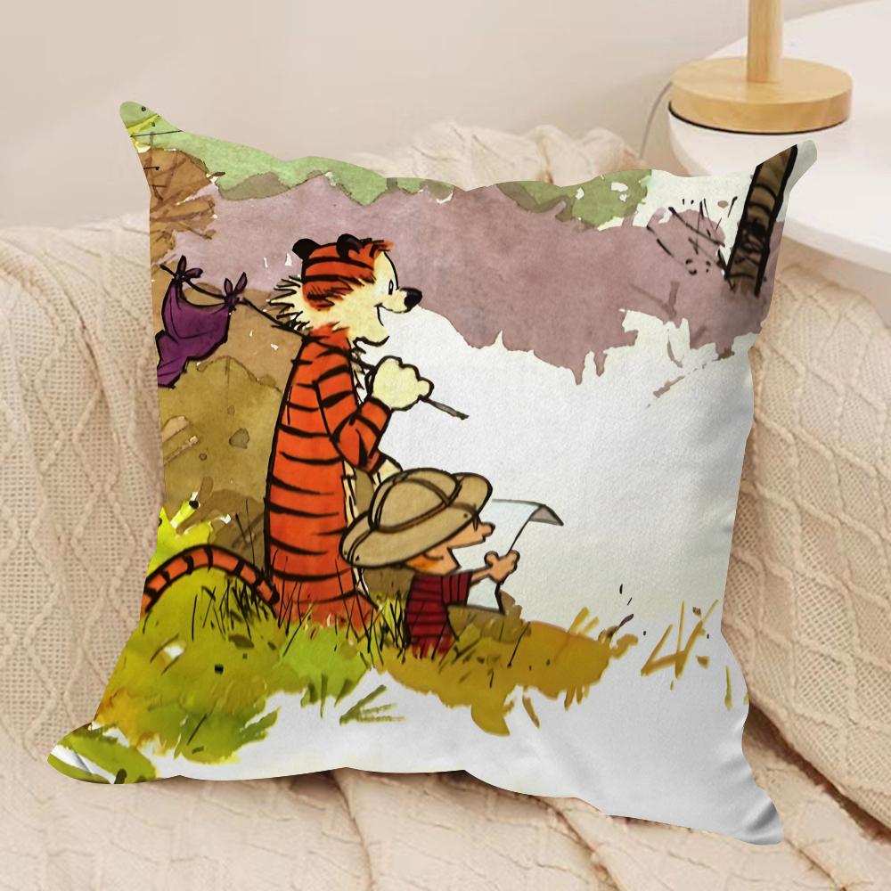 Cartoon CCalvin Hobbes Cute Cushion Cover Silky Short Plush Invisible Zipper Dustproof Sofa Pillow Case For Home Decor