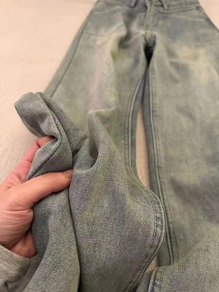 Women's American Vintage Slim Wide-Leg Jeans: Plus Velvet, Washed, Loose, Floor-Length.
