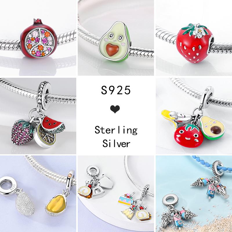 Fruit Food Charms Plata De Leyoriginal Strawberry Avocado Dessert Cake Charm Beads For Women Bracelet Accessory Diy Jewelry