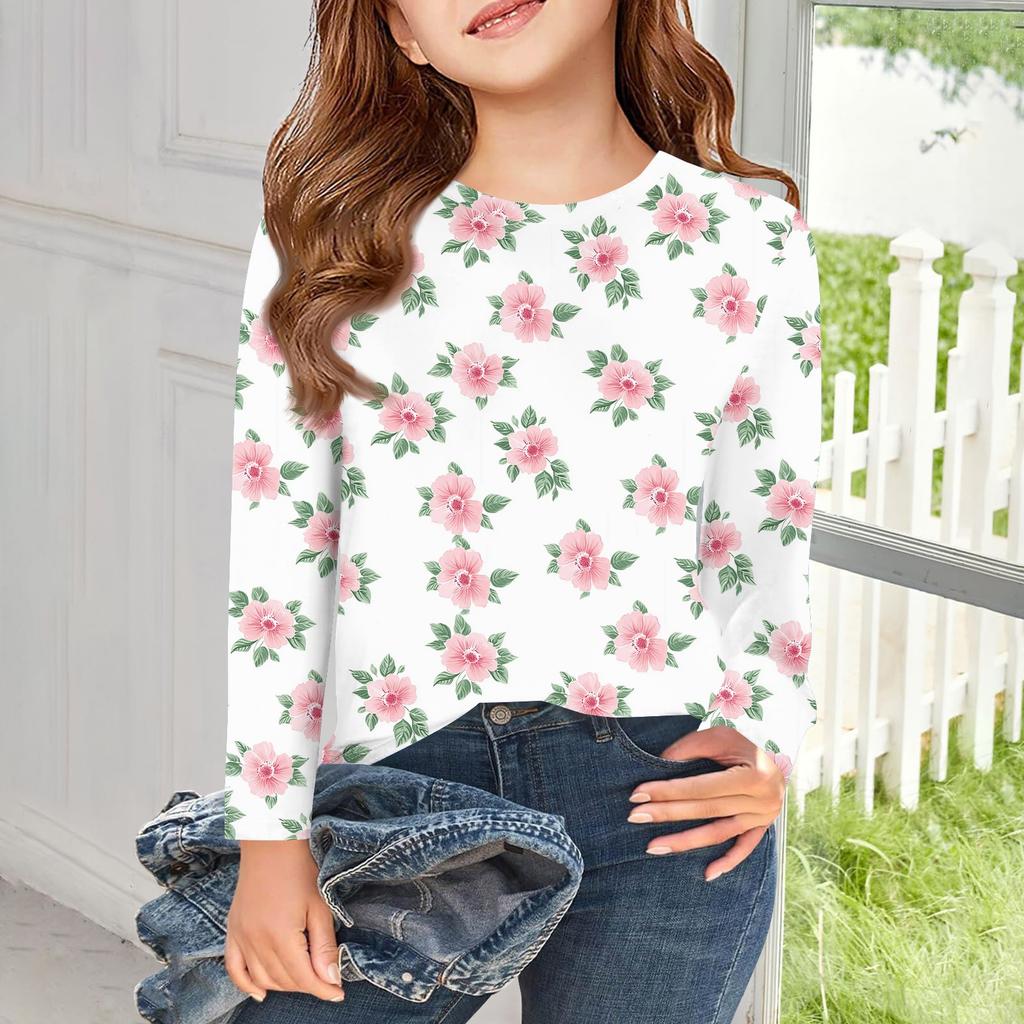 Meninas Camisetas de manga comprida Crianças Outono Tops Crewneck Impresso Camisetas básicas 5-14Y