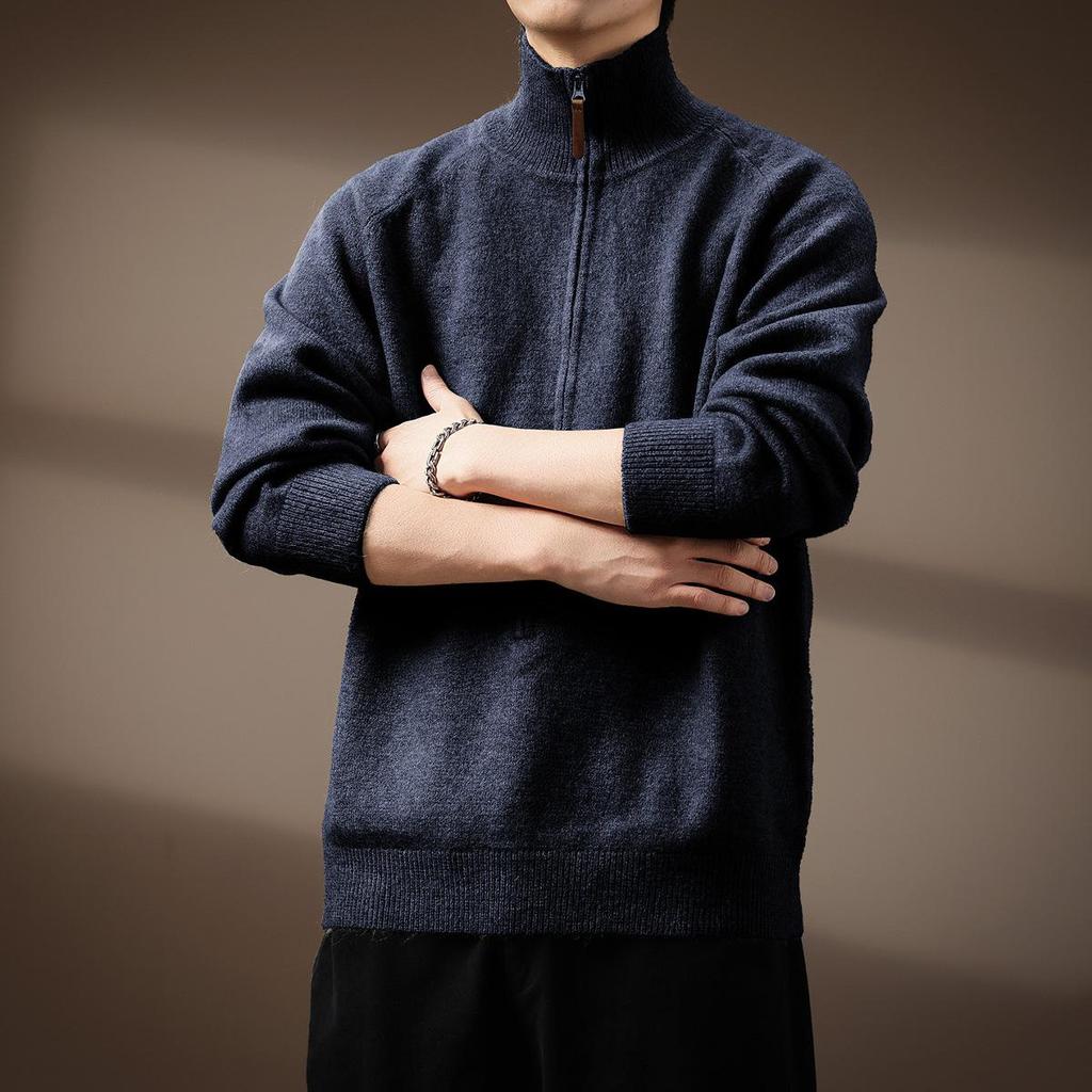 Premium American Style Men's Half-High Collar Knit Sweater - Warm, Anti-Pilling, Plus Size, Long Zipper.