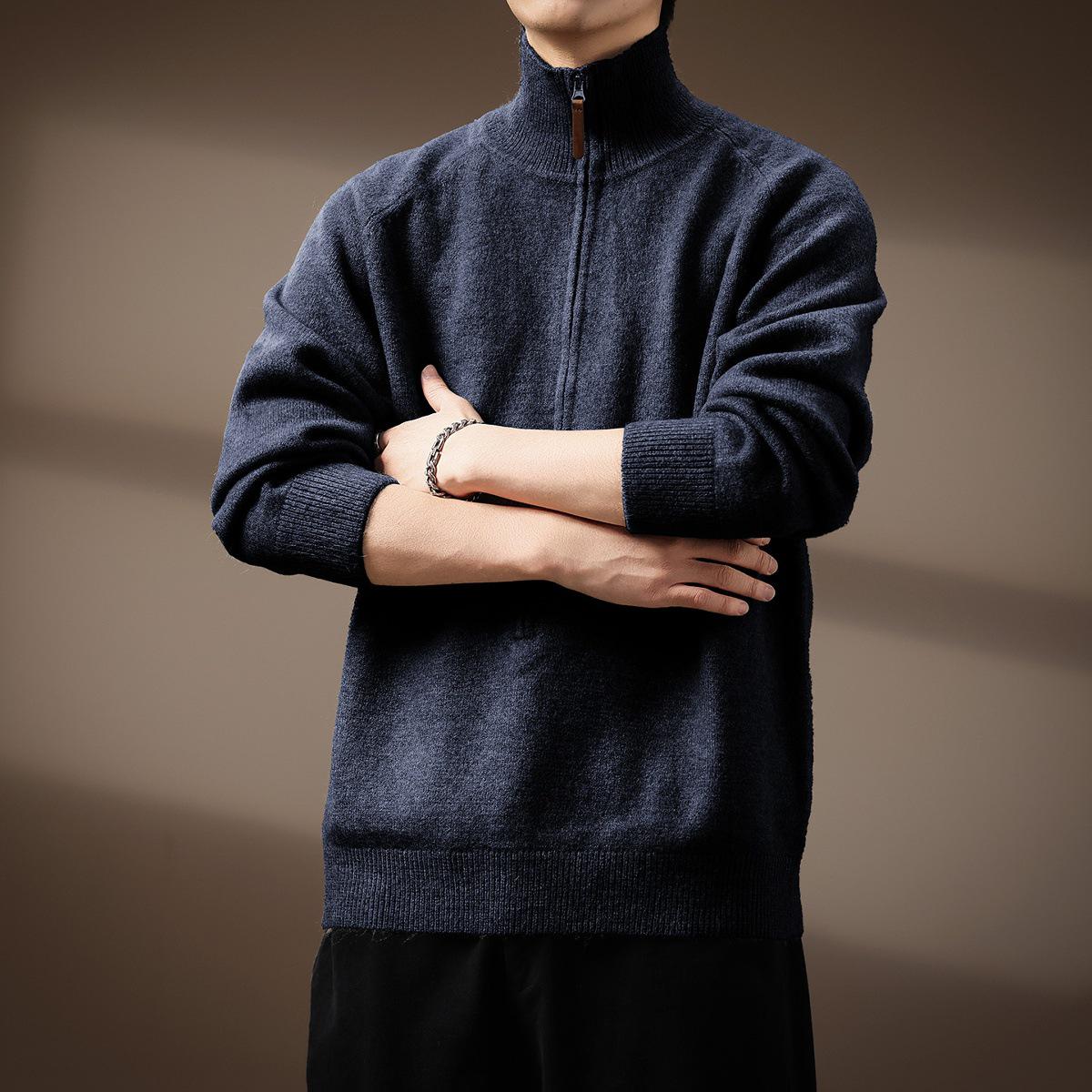 Premium American Style Men s Half-High Collar Knit Sweater - Warm, Anti-Pilling, Plus Size, Long Zipper. S: 90-110 lbs