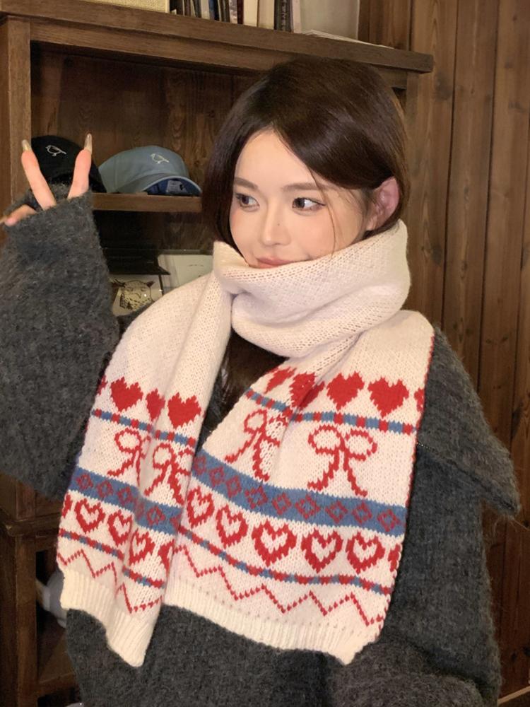 New Women'S Beige Heart Bow Knit Scarf Winter Warm Soft Valentine'S Day Fashion Korean Wrap Scarves For Ladies Male Sweet Casual