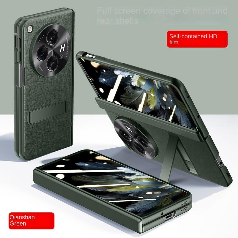 Z osłoną ekranu ze szkła hartowanego z zawiasem sprężynowym do OnePlus Open 1 + Open, etui z uchwytem ze skóry PU, w pełni zakrywające
