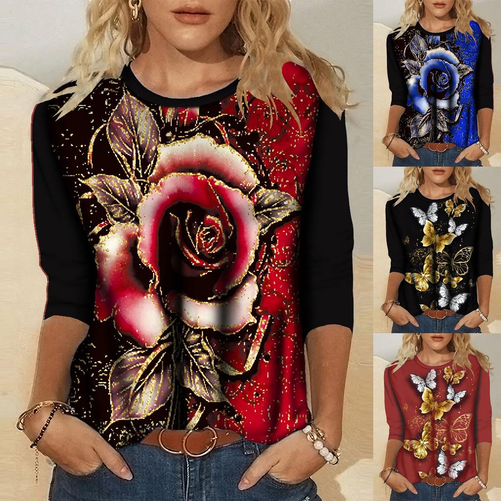 Women's Fashion Casual Print Round Neck Long Sleeve Loose Sweater Top