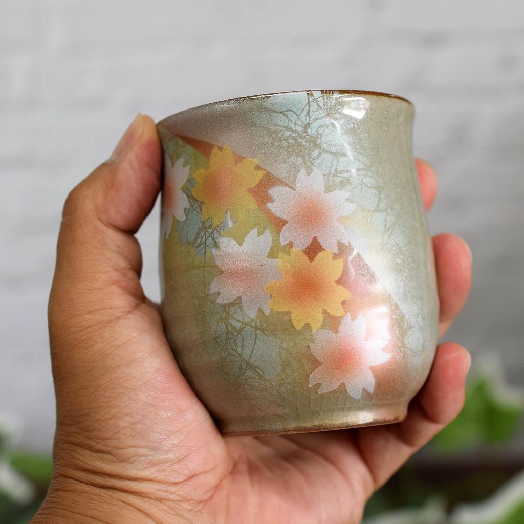 Waza No Kura Stylish Pair of Kutani Ware Teacups with Sunshine Flower Brand Japanese Made In Perfect Gift for Wedding 60th 70th 77th 80th 88th or 90th
