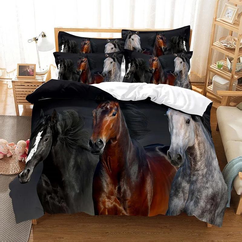 Horse Pattern 3D Digital Printing Three-piece Set, Polished Duvet Set, Animal Single Bedding