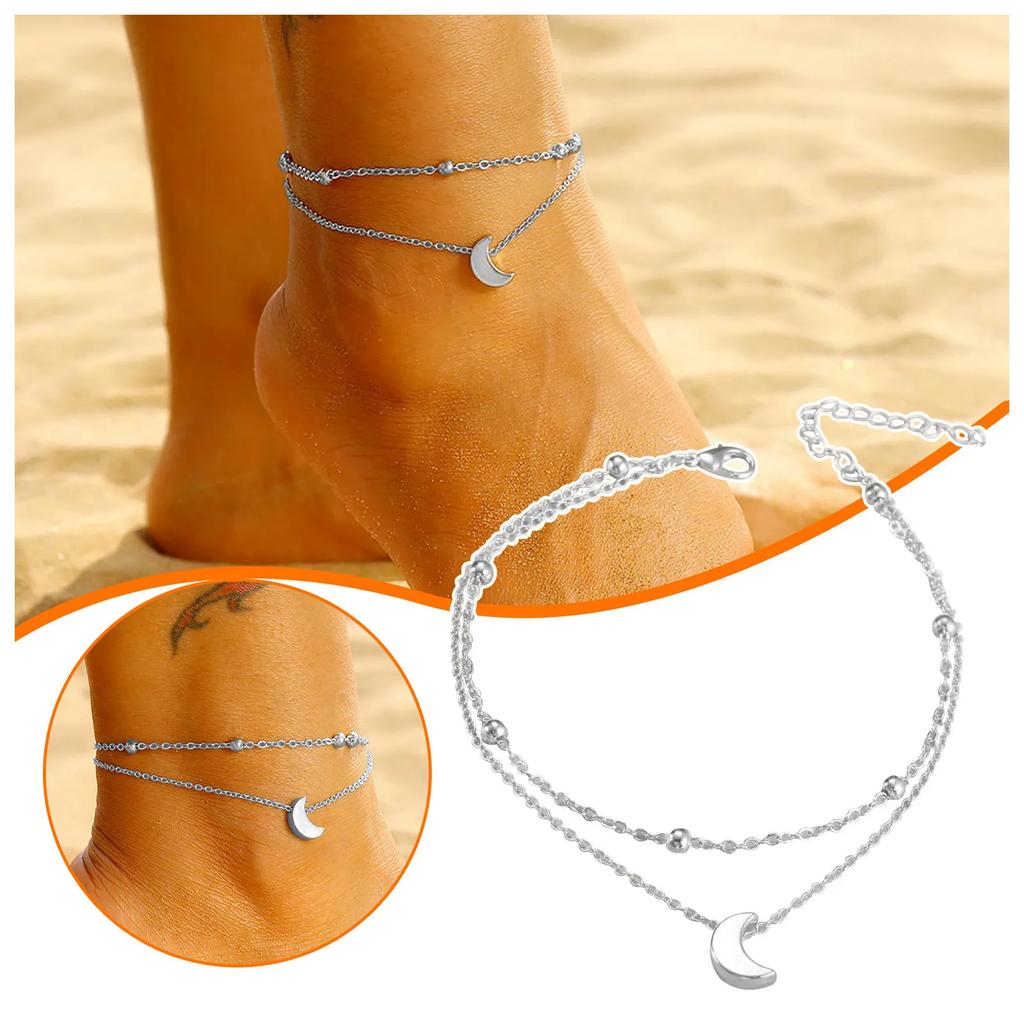Moon Double-layer Foot Chain Home Fashionable and Simple Foot Accessories Geometric Crescent Moon Beaded Multi-layer Foot Chain